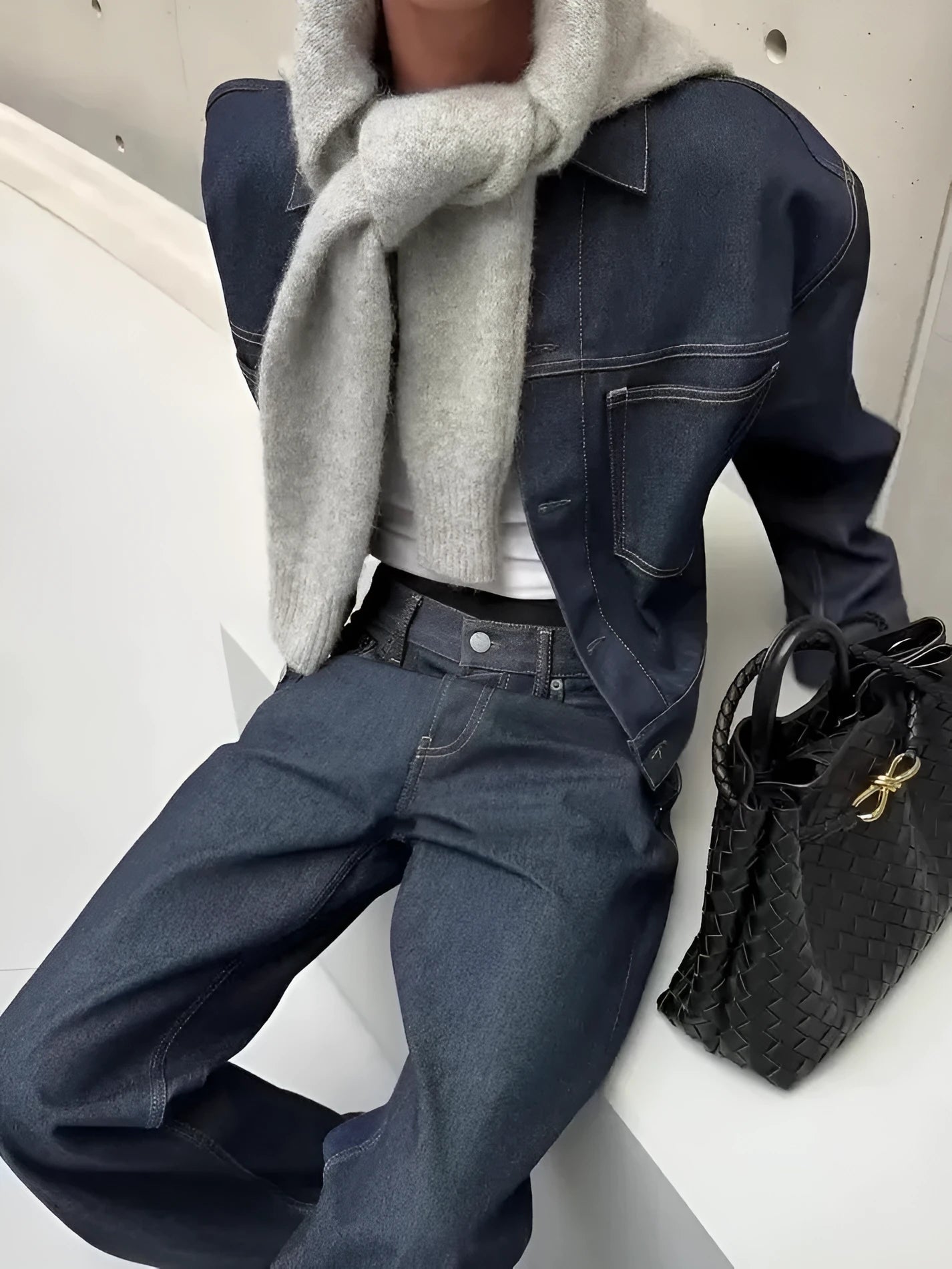 Blue denim oversized jacket and wide-leg pants set for women, casual daily wear with regular fit