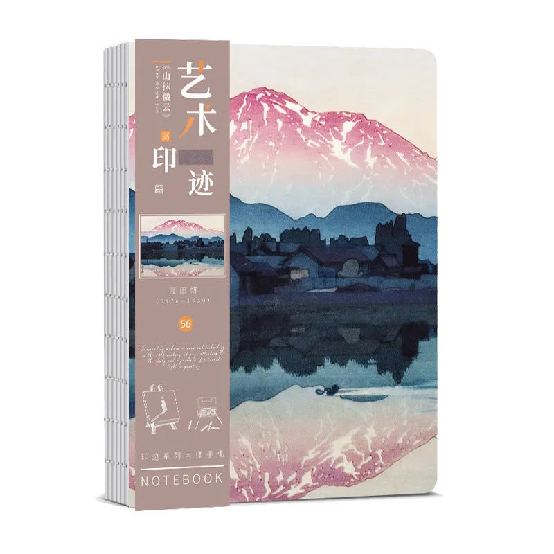 Ukiyo-e Kanagawa surfing village retro hand ledger notebook open on a desk.