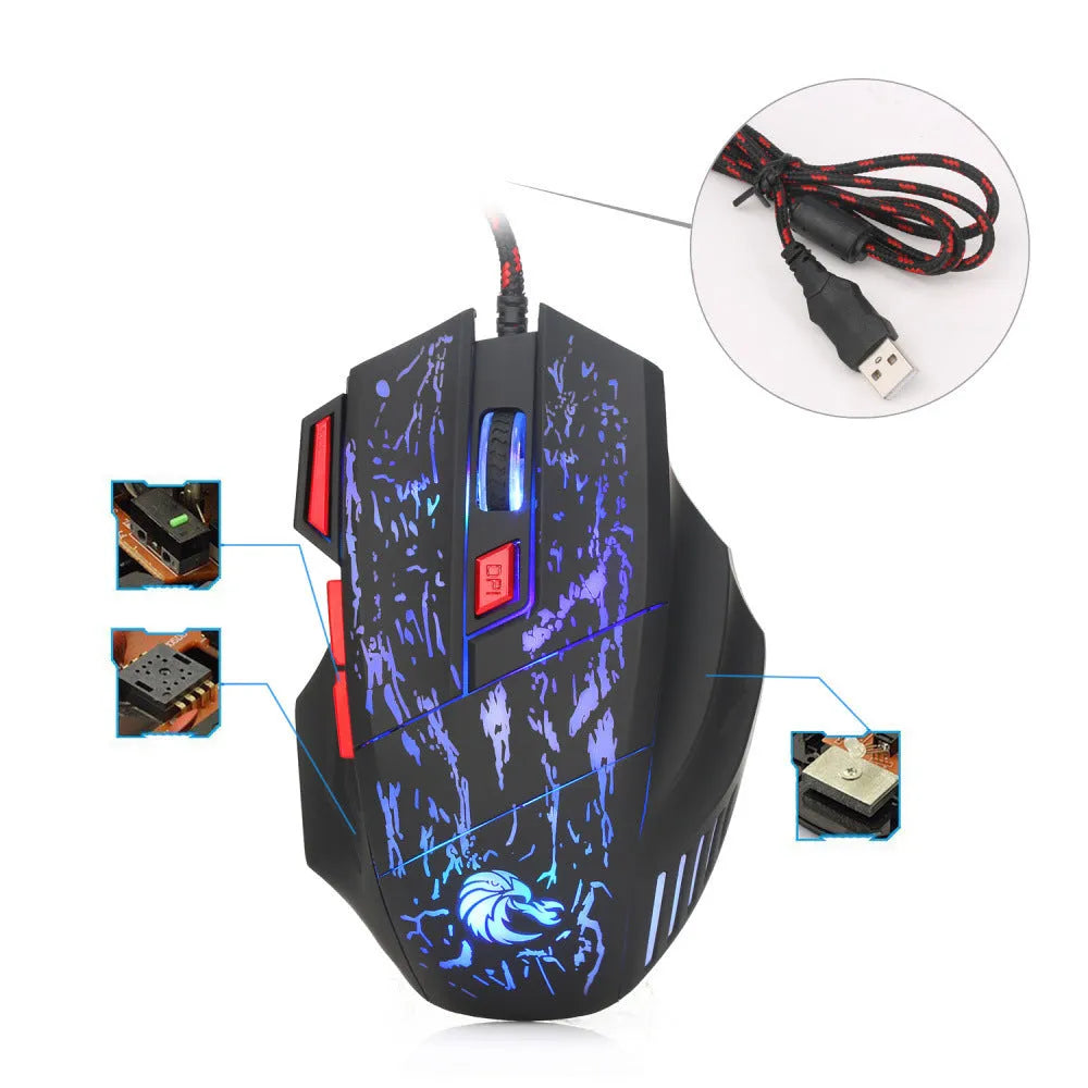 H300BK wired gaming mouse with LED lighting and luminous side panels on desk