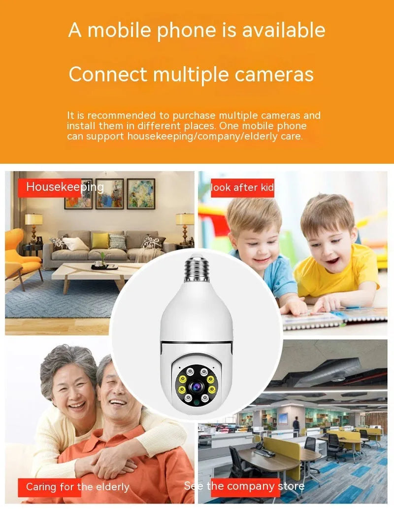 Wireless wifi bulb camera with 1080p resolution and full colour night vision measuring 5cm by 12cm