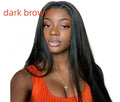 Long straight black wig with centre part and bangs on a mannequin head