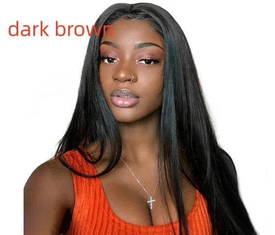 Long straight black wig with centre part and bangs on a mannequin head