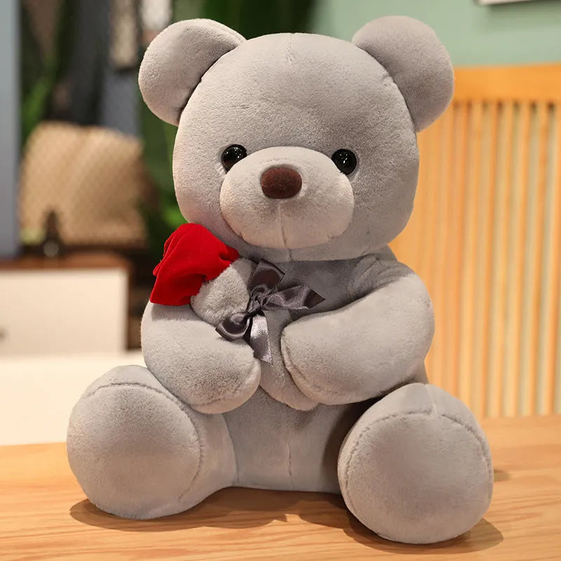 Rose bear teddy plush pillow doll in beige, brown or grey with PP cotton filling