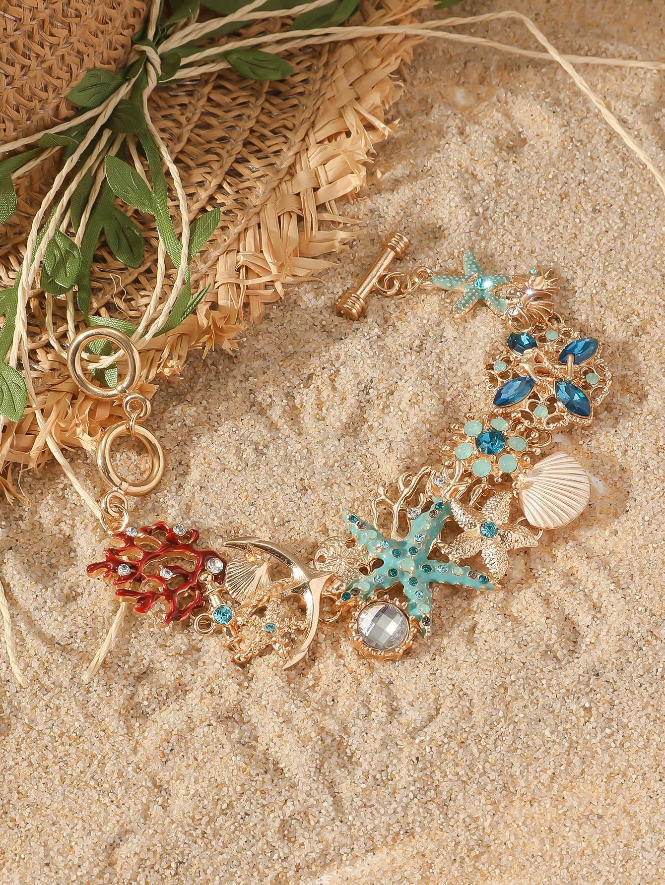 Women's alloy rhinestone marine bracelet with boat anchor and shell design in coastal colours