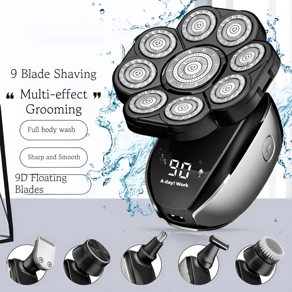 Black rechargeable 6-in-1 hair clipper set with multiple grooming attachments on display