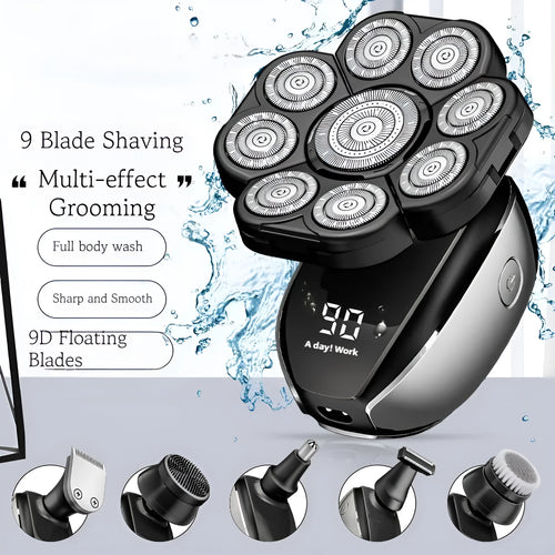 Black rechargeable 6-in-1 hair clipper set with multiple grooming attachments on display