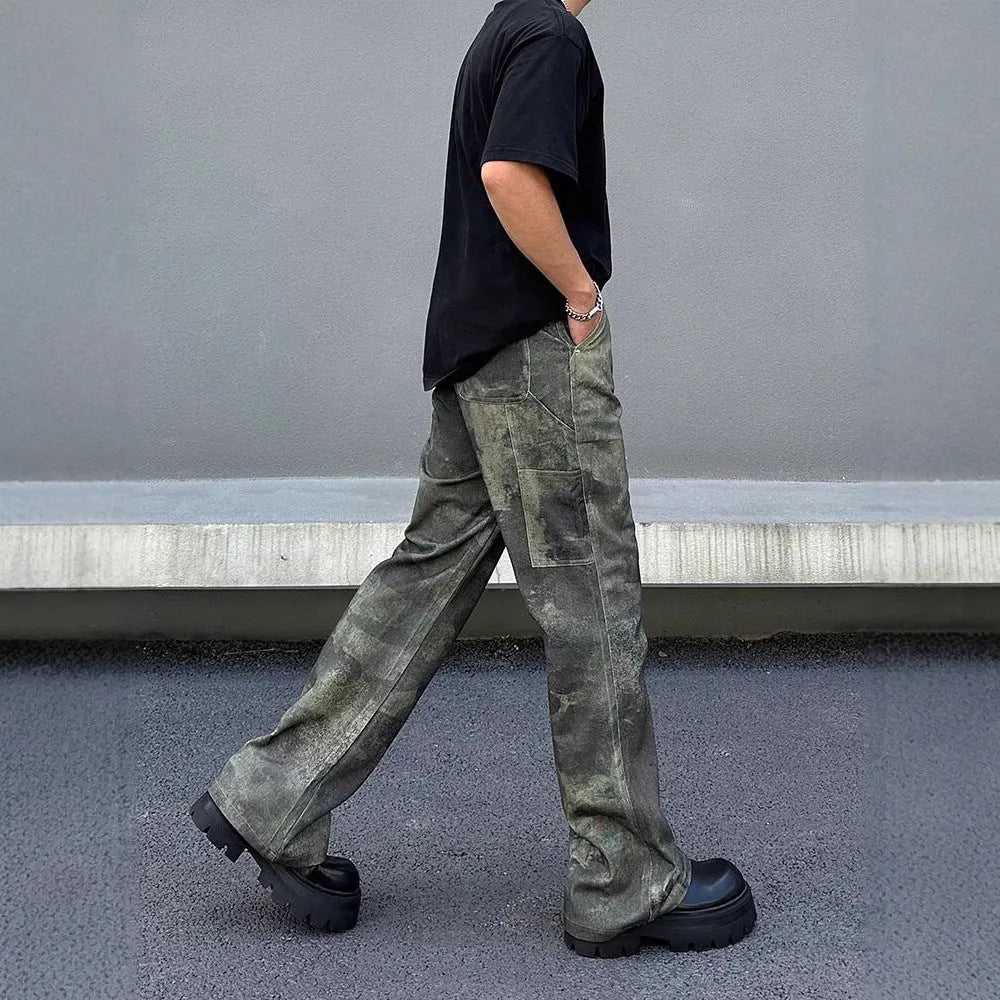 Men's straight-leg jeans with a retro camouflage pattern on blue cotton denim.