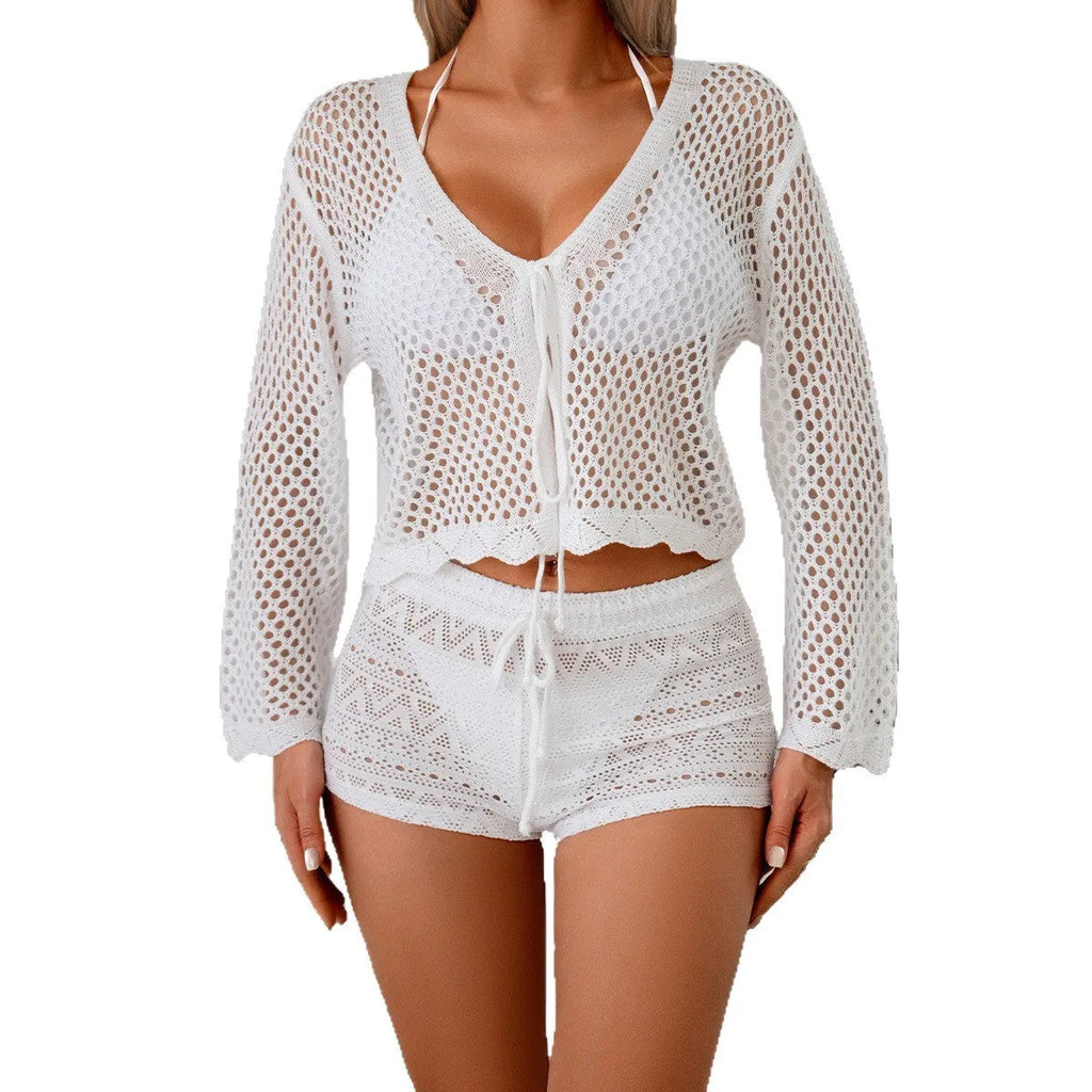 Short apricot women's cardigan blouse with bell sleeves made from hollow woven imitation cotton fabric.