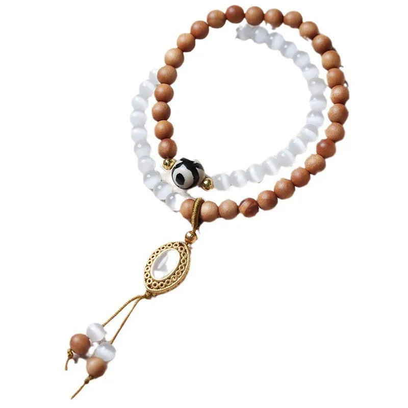 Sandalwood opal double ring bracelet with Tibetan beads in mixed material retro design