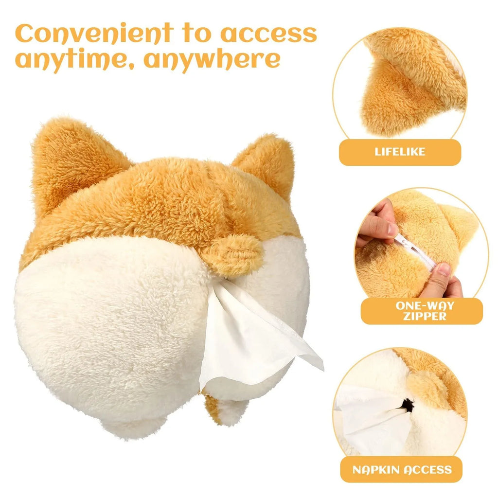 Yellow corgi butt shaped fabric pouch for holding a tissue box, shown with elastic strap for hanging.