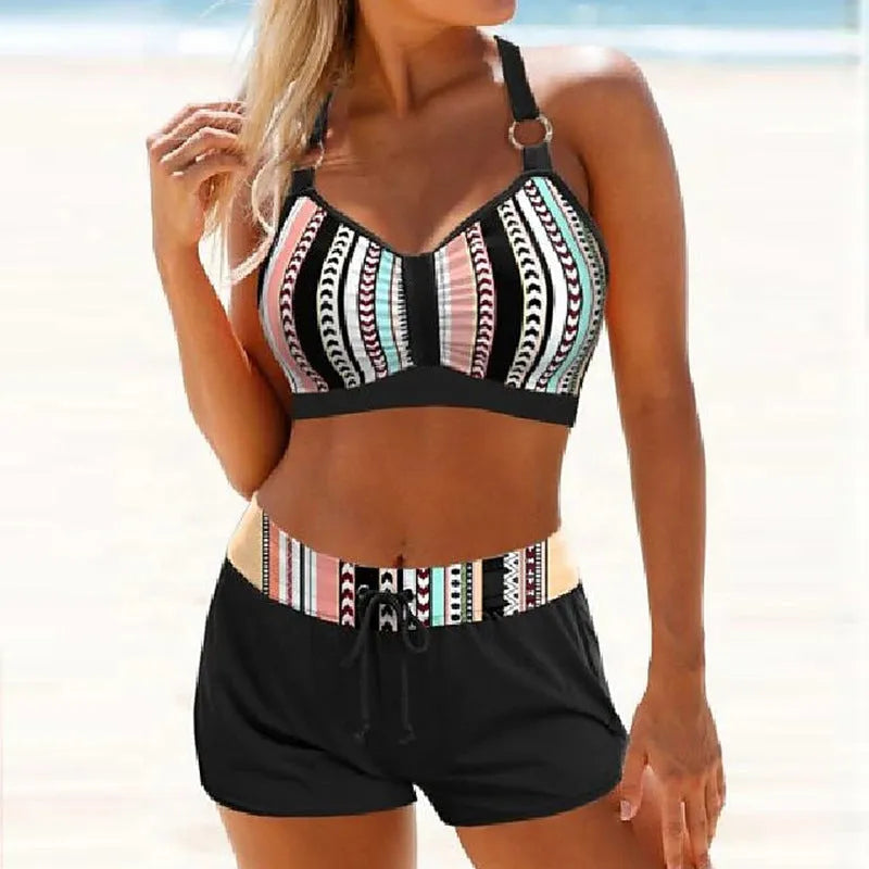 Women's navy blue and printed polyester two-piece bikini set for hot spring use
