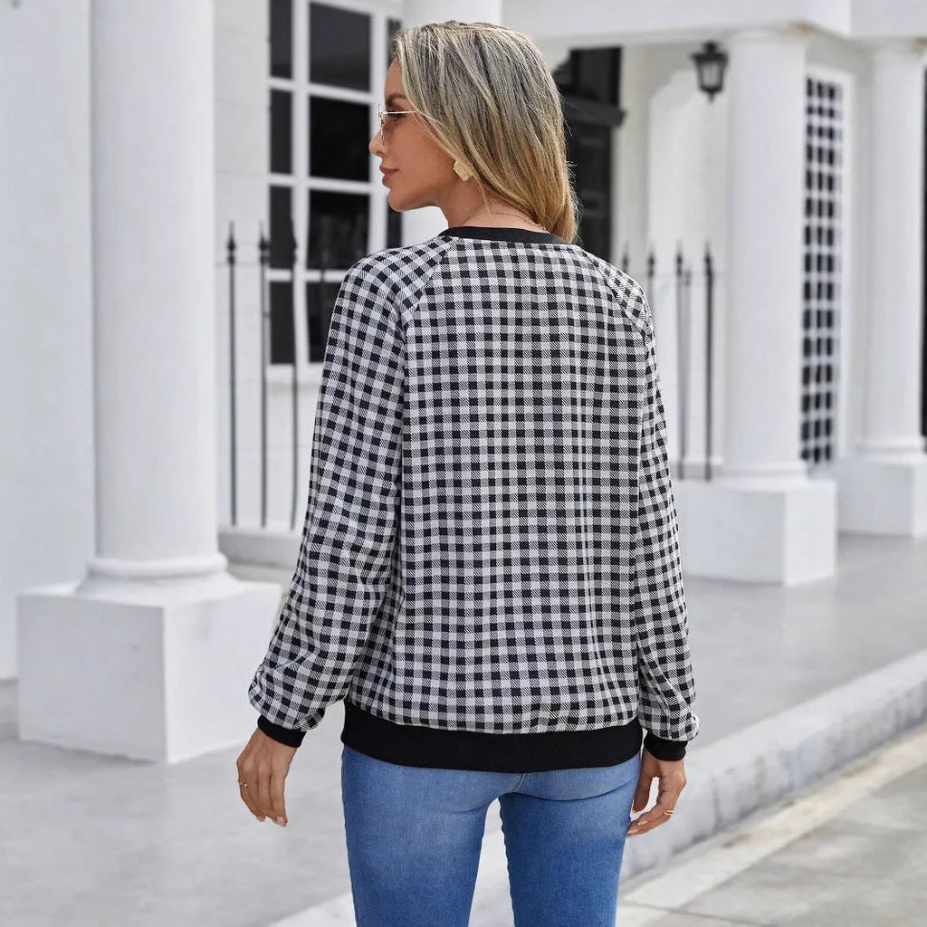 Black Japanese sweet plaid pullover long sleeve sweater with striped pattern on polyester fabric