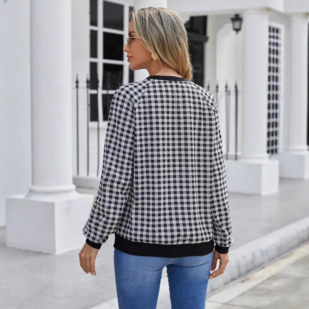 Black Japanese sweet plaid pullover long sleeve sweater with striped pattern on polyester fabric