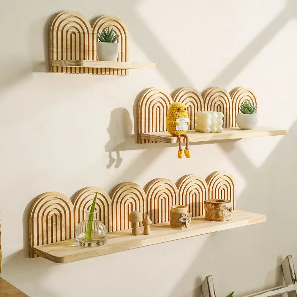 Solid wood multi-layer wall storage rack displaying flower pots in hanging pendant design
