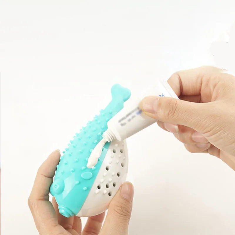 Silicone fish-shaped cat chew toy in blue colour measuring 12.2cm long