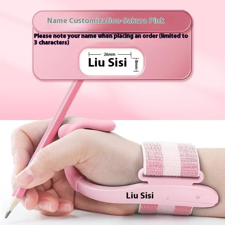 Blue Anti-hook Holder Pen Control Corrector wrist brace on a hand holding a pencil.