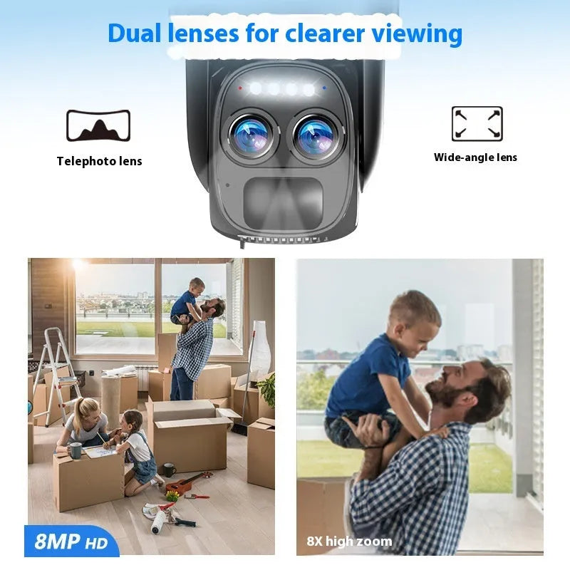 Solar-powered outdoor security camera with 8x zoom lens and dual 4G/WiFi antennas