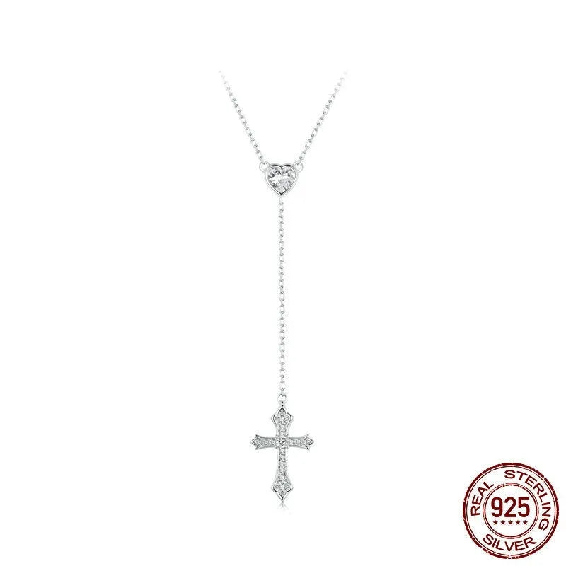 Silver V-neck cross pendant necklace on O-ring chain, colour BSN384