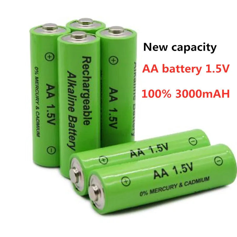 Pack of green alkaline rechargeable AA batteries with 3000mAh capacity and 1000 charge cycles