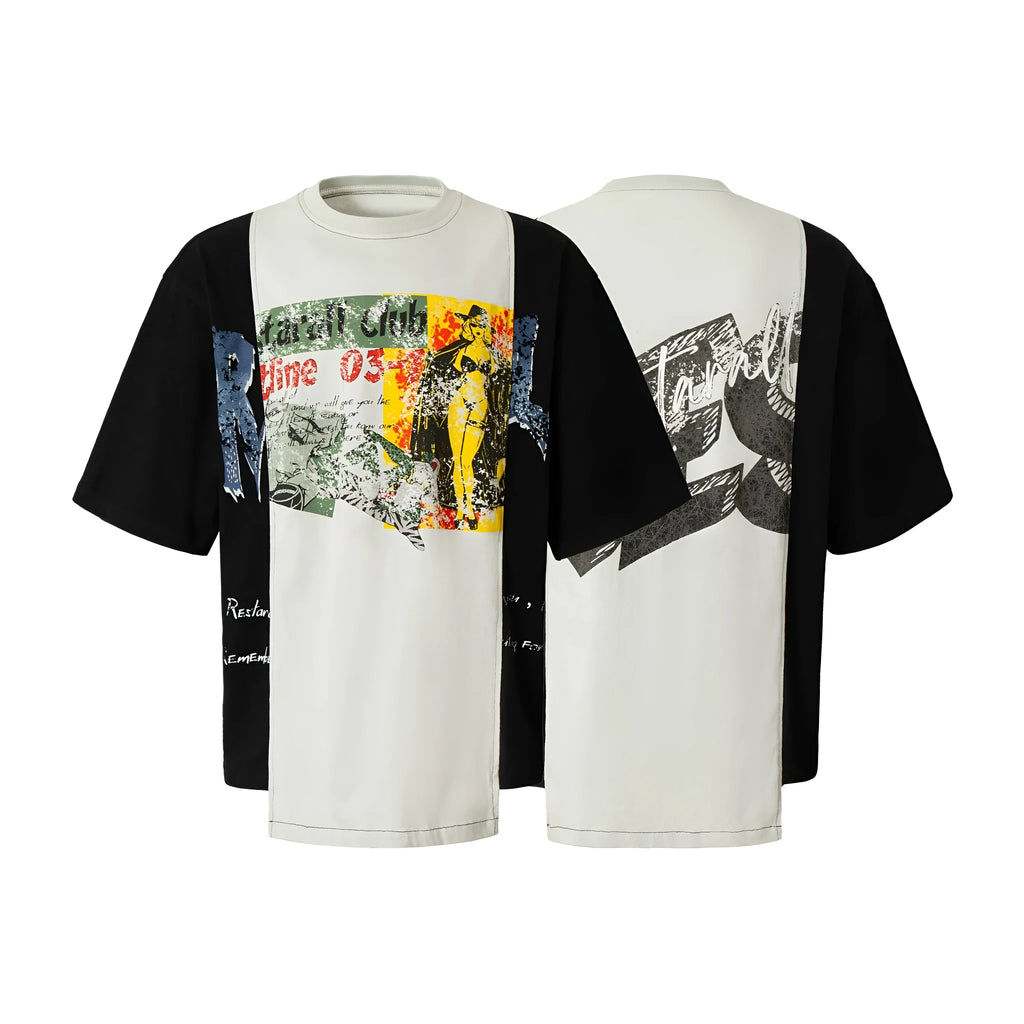 Men's black and white deconstruction print loose fit T-shirt on hanger