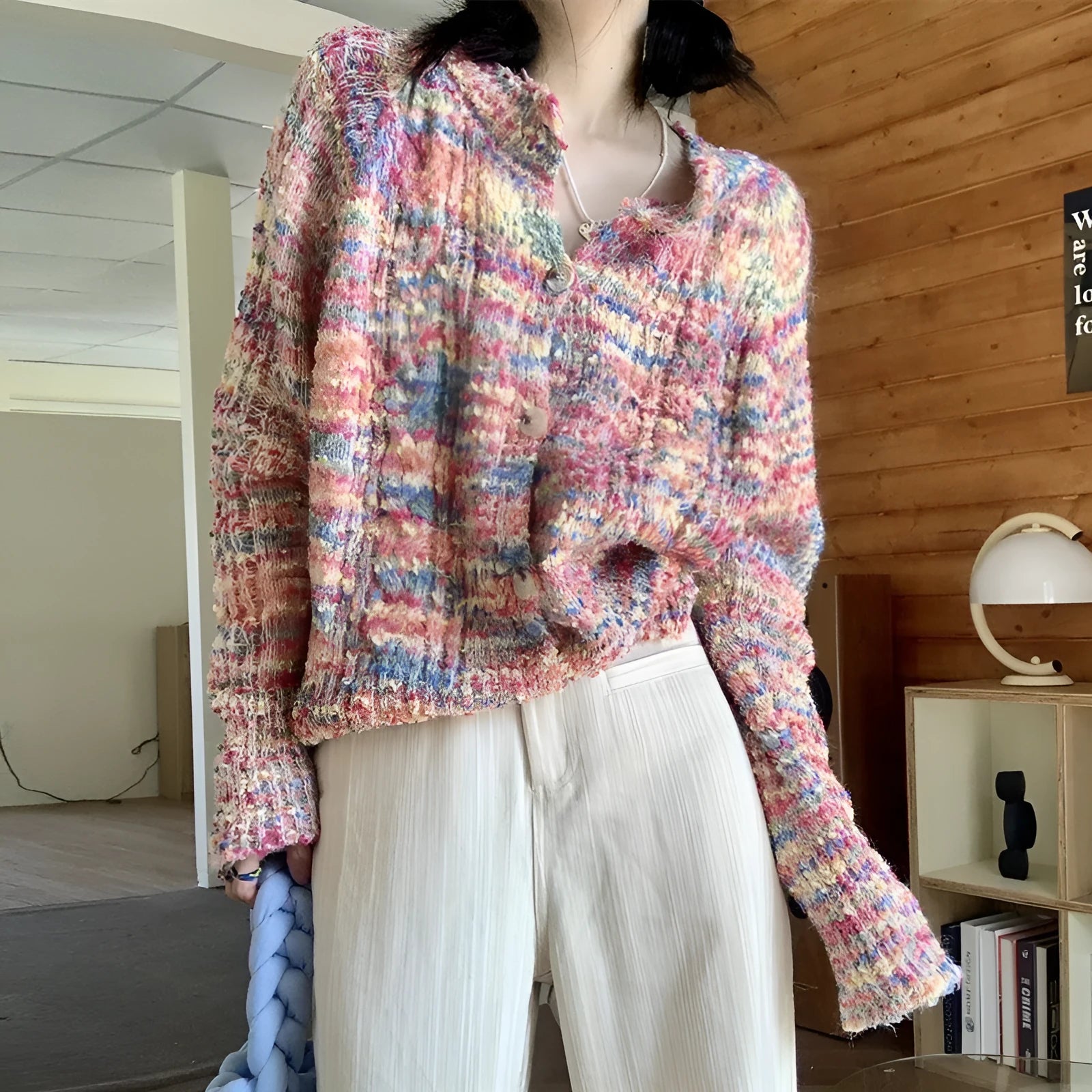 Retro rainbow knitted cardigan in pink toothbrush hair acrylic fabric
