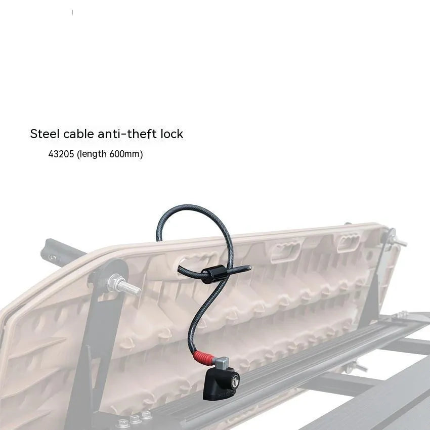 Plastic-sheathed steel cable lock for securing equipment on a vehicle roof platform without drilling.