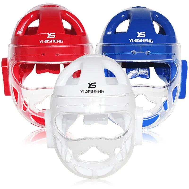 Karate protective helmet in white, blue, or red colour available in S, M, L, XL sizes for martial arts training
