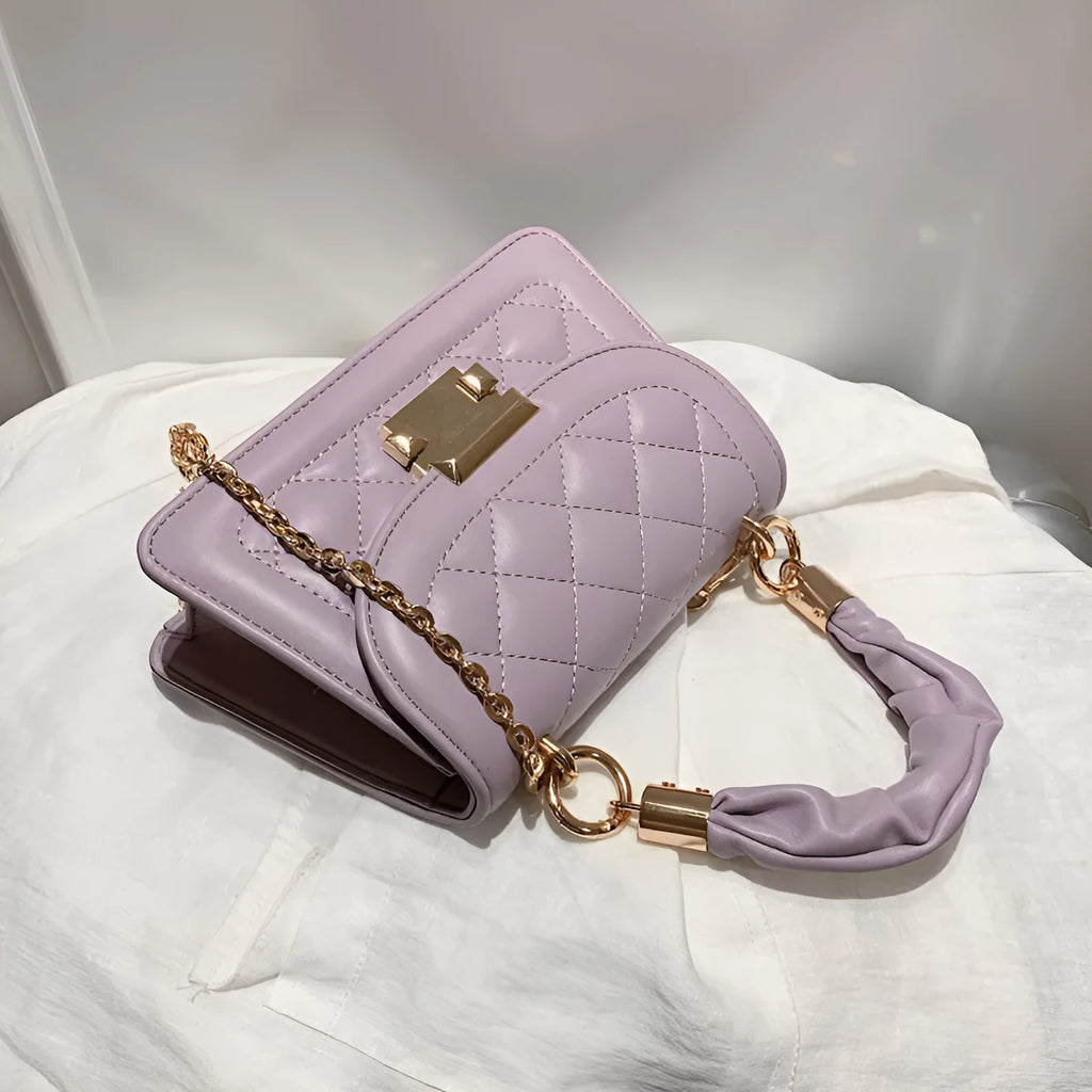Rhombus shaped women's shoulder bag in soft PU fabric with 112cm strap in purple, black or beige