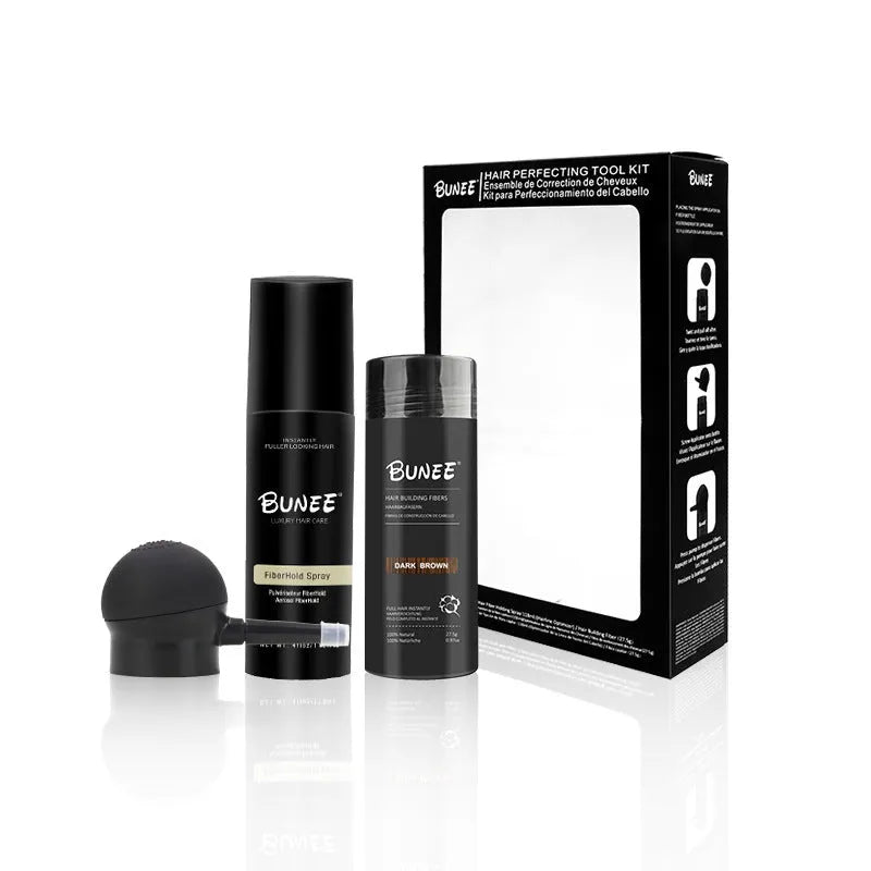 Box of dense hair fibre powder 275g with shaping spray and applicator nozzle for thinning hair coverage