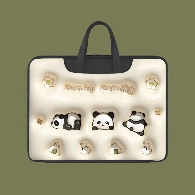 Inflatable PU leather laptop bag in a character design, shown hanging from a suitcase handle.