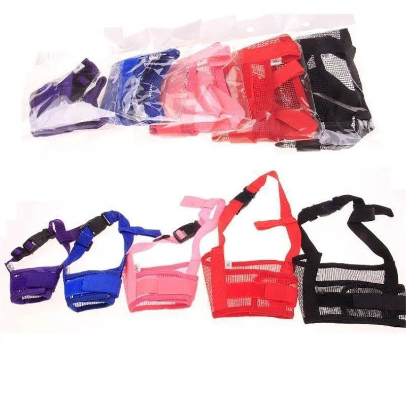 A plastic adjustable dog muzzle shown in multiple colours including black, blue, and pink.