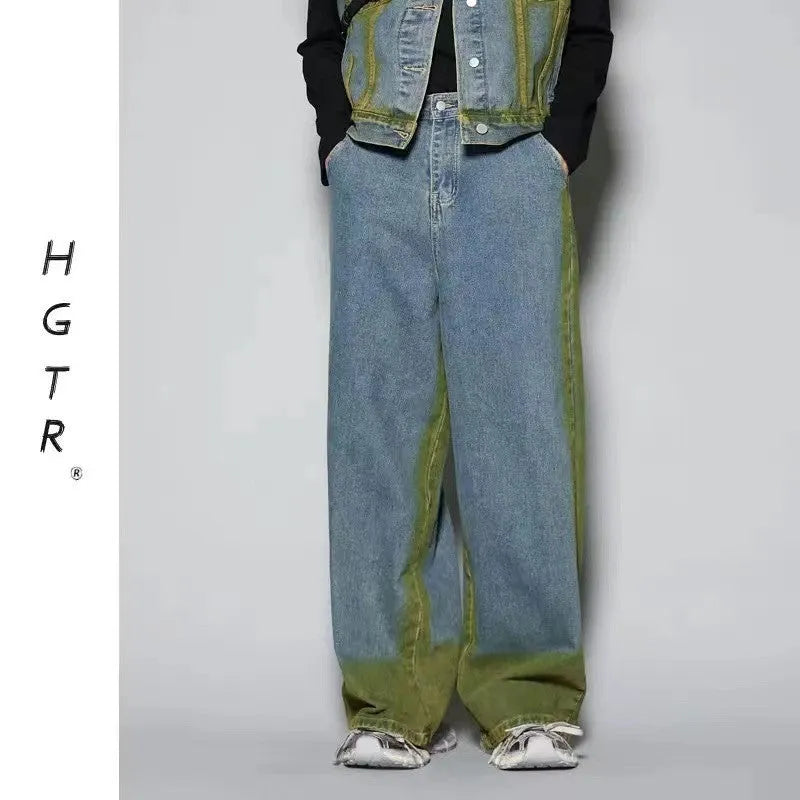 Fleece-lined spray colour gradient distressed vest and jeans two-piece set in blue or black colour options