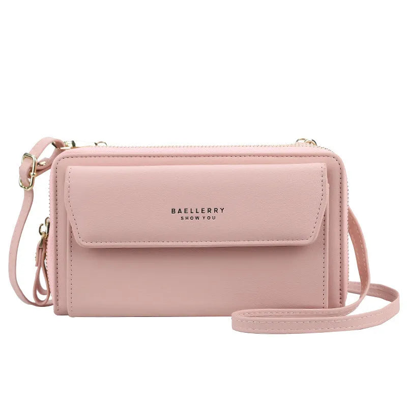 Soft PU leather ladies long wallet with double zipper in horizontal square messenger bag design