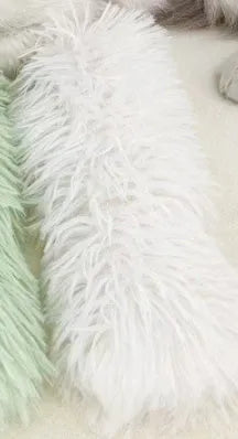 Plush cat toy pillow in blue, green, pink, or white colours measuring 27cm long by 10cm wide