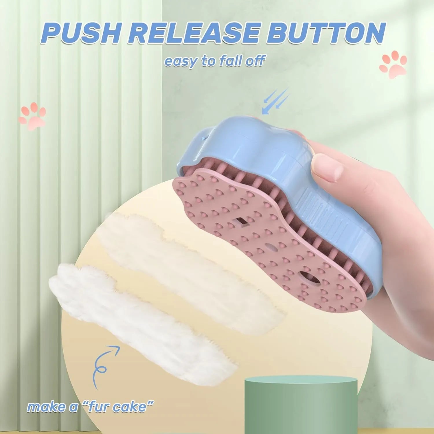 Blue self-cleaning cat steam brush with silicone massage head and water spray function.