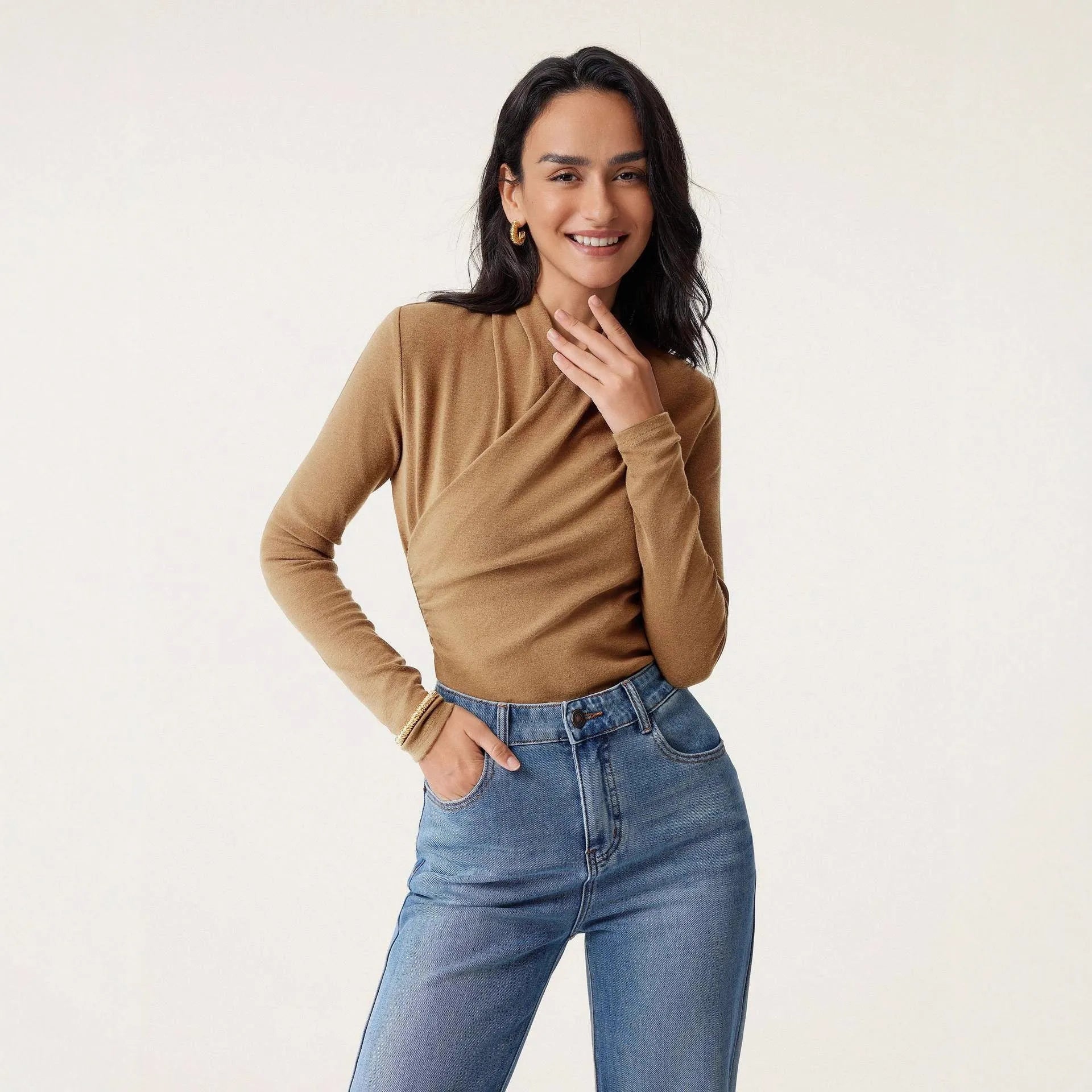 Camel colour women's slim fit polyester pullover sweater with long sleeves