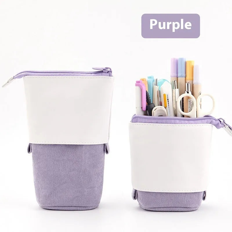Purple PU corduroy drop-down telescopic stationery case in Korean style, open to show interior.