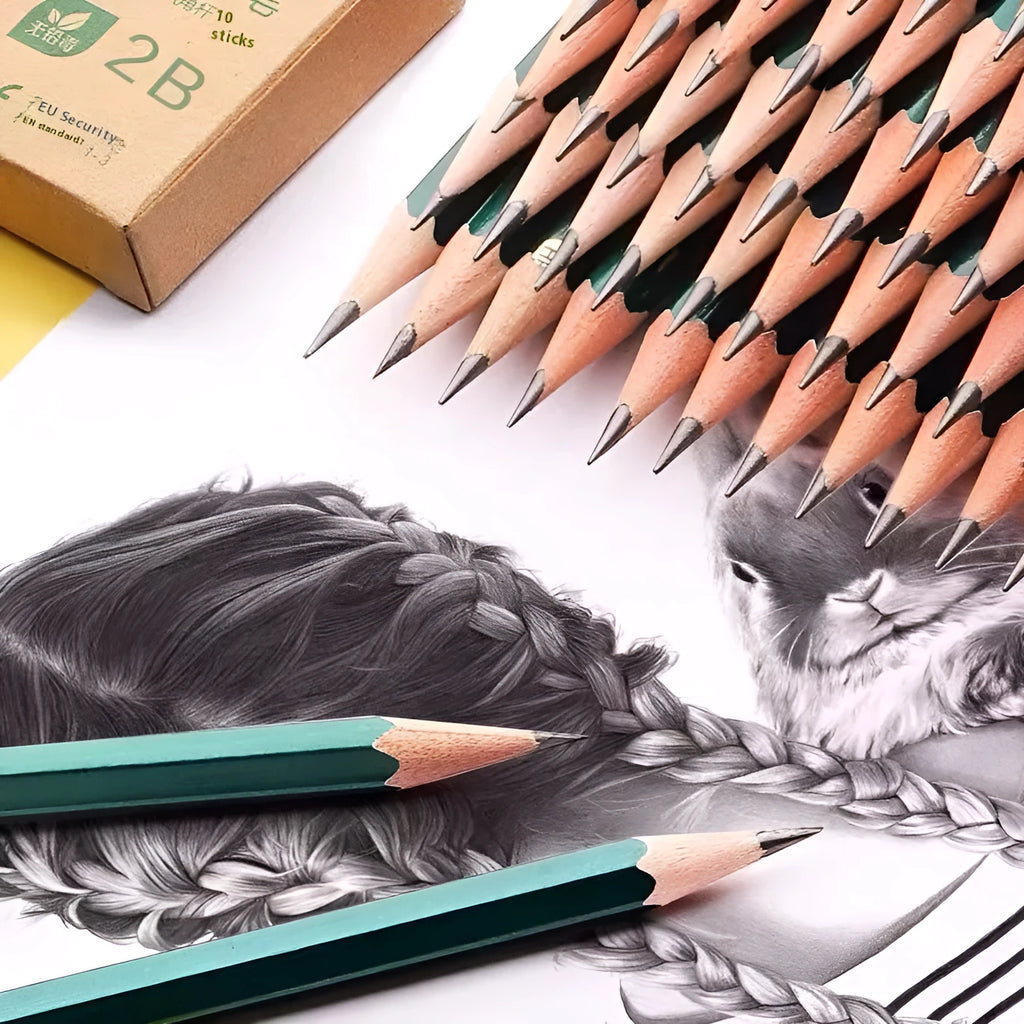 Green wooden pencil set with six-angle shape showing HB and 2B graphite grades