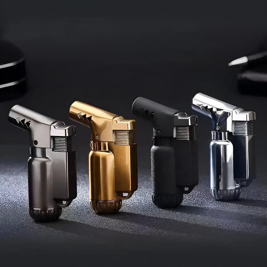 HB805-1 full metal windproof lighter in black, gold, grey, or silver finish showing punch action mechanism.