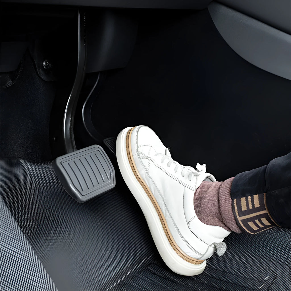 TPR floor mat set for Tesla Model Y showing footrest, tailbox, and front storage mats