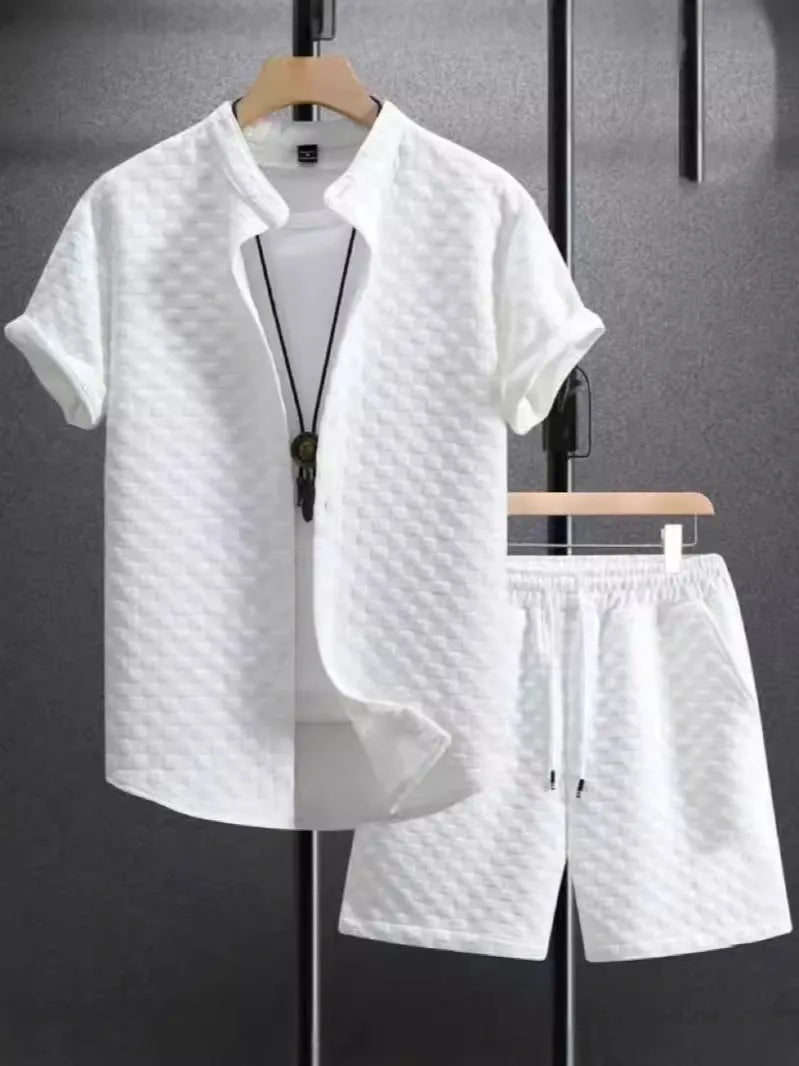 Men's jacquard suit shorts set with short sleeve top and matching trousers in solid colour