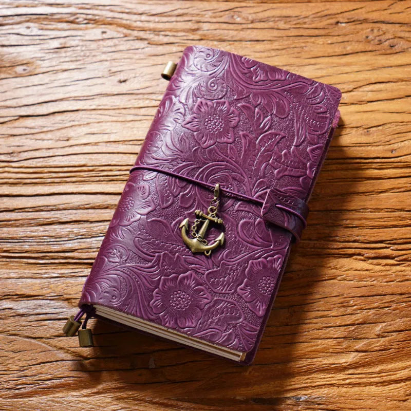 Creative vintage engraving cowhide travel notepad in black A5 size with genuine leather cover