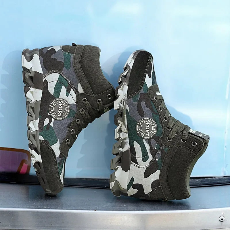 Women's green camouflage canvas sneakers with rubber soles showing side view