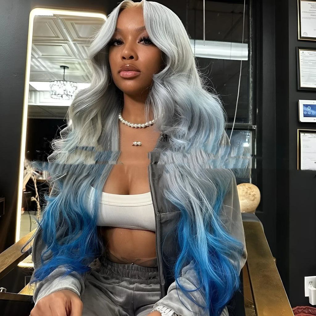 Grey to blue gradient human hair lace front topper on a wig stand.