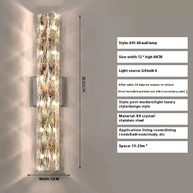 Crystal wall lamp with stainless steel base in chrome or gold finish, LED tricolour lighting, multiple size options