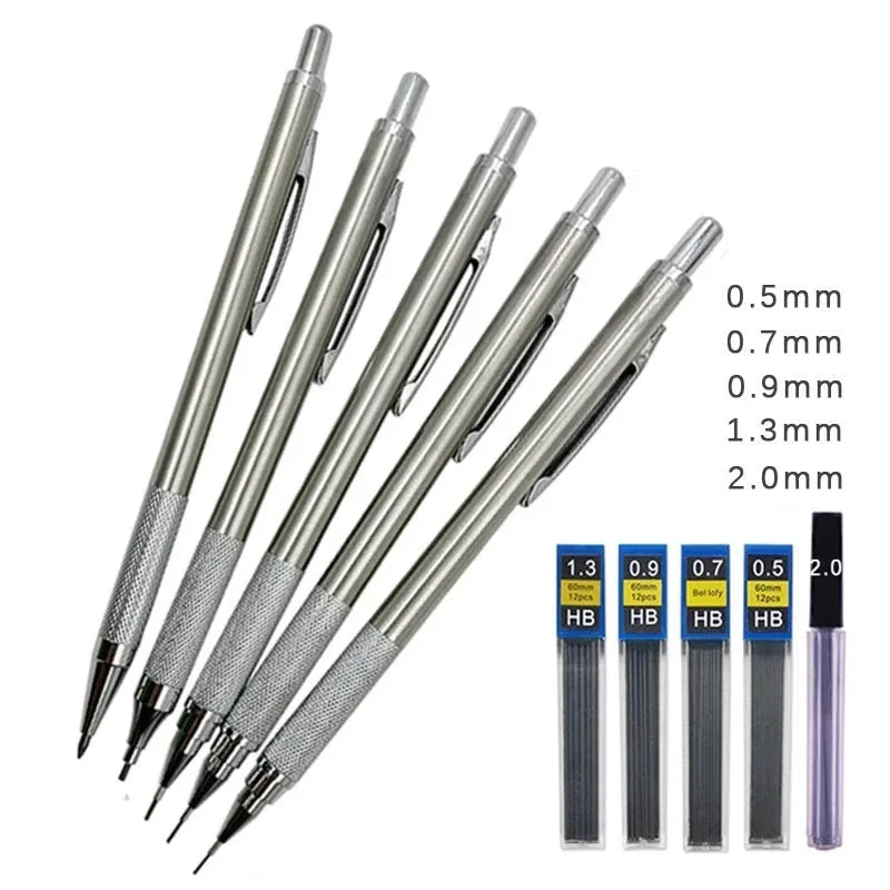 Metal automatic mechanical pencil showing multi-size lead compatibility for 0.5mm, 0.7mm, 0.9mm, 1.3mm and 2.0mm diameters