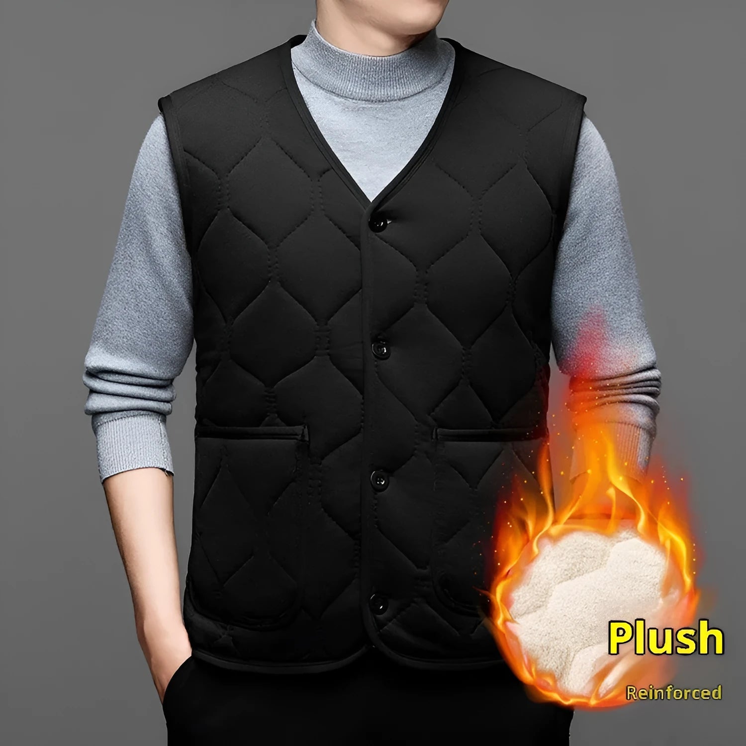 Men's fleece-lined thick cotton vest cardigan in solid colour black with cardigan front, no hood