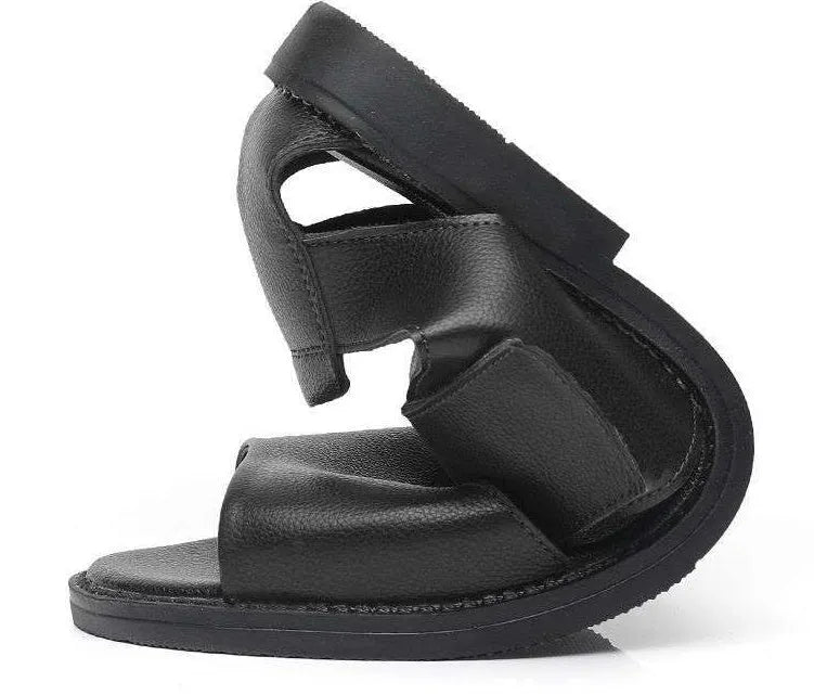 Men's black and brown casual leather sandals with open-toe design and rubber sole.