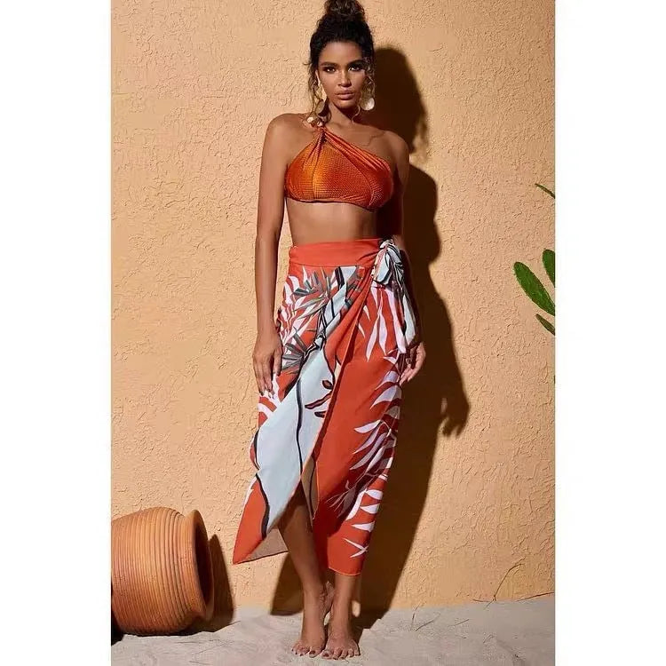 Women's high waist push up bikini swimsuit with chiffon dress in black, brown, or green.