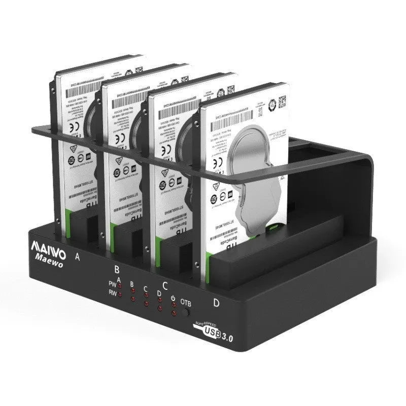 Four-bay external hard drive enclosure for 2.5-inch drives with cables and brackets